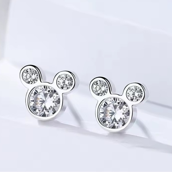 MINI MICKEY CRYSTAL Cubic Zirconia Diamond SILVER Stud Earrings GIFT Box - Picture 3 of 7